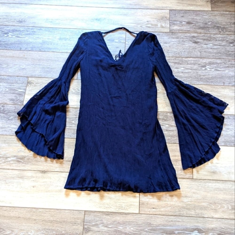 Dina Be navy blue S Beach dress coverup check lightweight summer vacation warmth